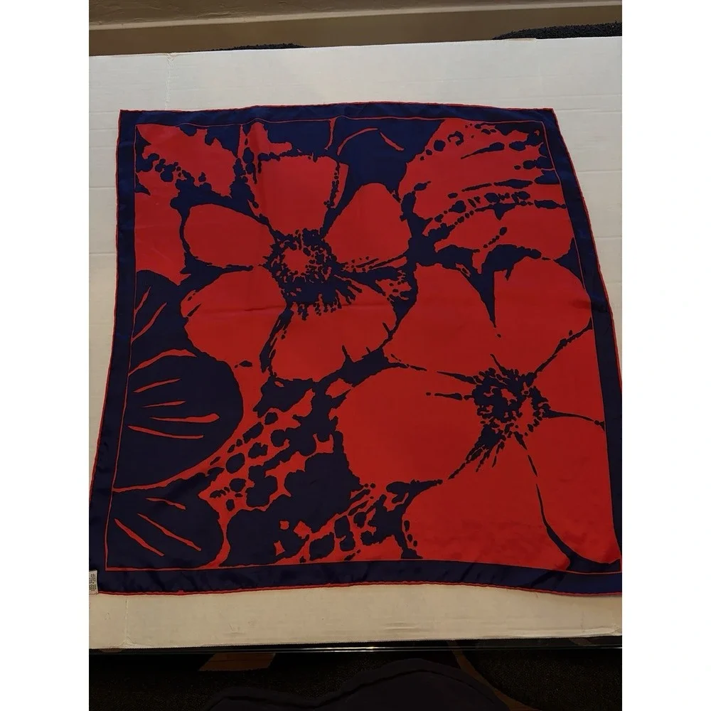 Vintage Silk Rayon Scarf Red Navy Blue Mod Floral Hand Rolled Japan 29